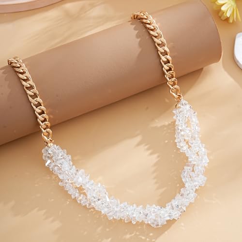 Crystal Statement Necklace with Gold Chain, Black and Clear Crystal Clusters, Chunky Curb Link Design, Fashion Jewelry for Women - color: White