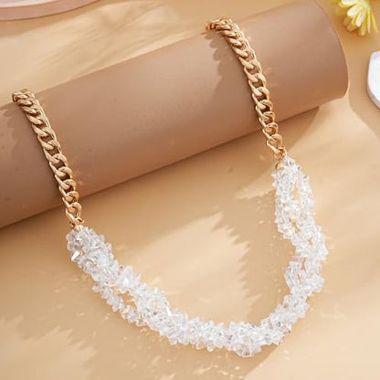 Crystal Statement Necklace with Gold Chain, Black and Clear Crystal Clusters, Chunky Curb Link Design, Fashion Jewelry for Women - color: White