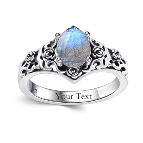 1 CT Oval Cut Gemstone Vintage Filigree Ring 925 Sterling Silver Retro Rose Teardrop Birthstone Statement Ring Anniversary Jewelry Gifts for Women Ring Size 4-13 - color: Labradorite