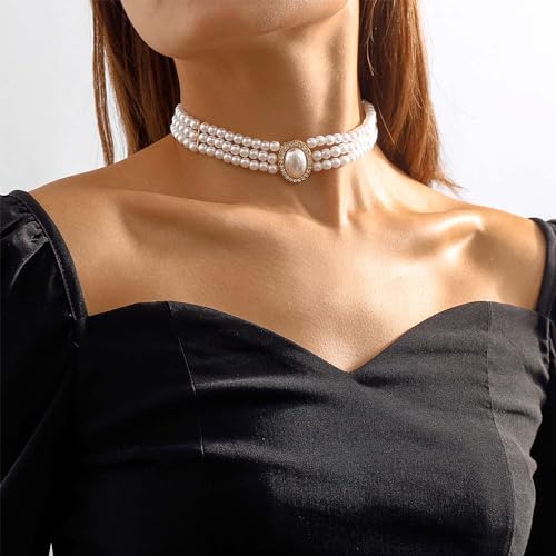 BABEYOND Round Imitation Pearl Choker Necklace Multi Strands Choker 20s Flapper Necklace Accessories for Gatsby Themed Party - style: 3-layer-4