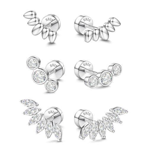 14K Gold Plated 925 Sterling Silver Flat Back Earrings Set | Hypoallergenic Cartilage Helix Conch Tragus Piercing Jewelry 3 Pairs Small Screw Dainty CZ Opal Earring Set Men Women - color: Silver, Style E