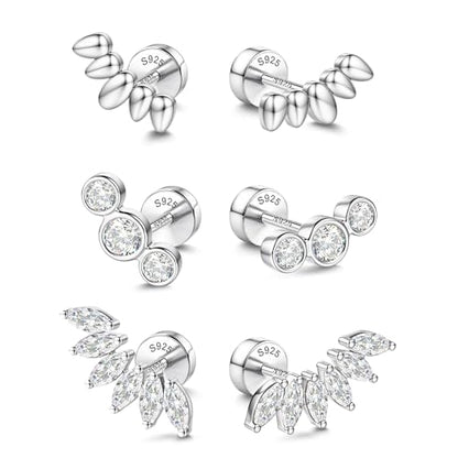 14K Gold Plated 925 Sterling Silver Flat Back Earrings Set | Hypoallergenic Cartilage Helix Conch Tragus Piercing Jewelry 3 Pairs Small Screw Dainty CZ Opal Earring Set Men Women - color: Silver, Style E