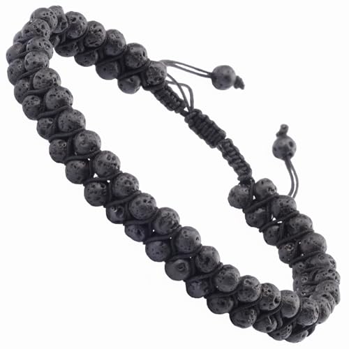 MASSIVE BEADS Double Layer Natural Chakra Healing Power Crystals Macrame Bracelet Yoga Stone Beads Gemstone Meditation Relax Anxiety Bangle for Unisex Women Men - color: Black Lava, size: 4mm