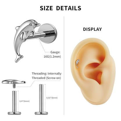 FINE4U 1PC 16G ASTM F136 Titanium Octopuses Piercings Jewelry with 6mm 8mm Post for Conch Helix Flat Labret 16G 6mm 8mm - color: Dolphins - Tit
