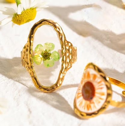 Hebelee Handmade Dried Flower Statement Ring for Women | Gold-Toned Stainless Steel,Adjustable,Pressed Blossom Forget-Me-Not Flowers Open Band Rings,Wedding Holiday Jewelry - color: Hammered Oval A