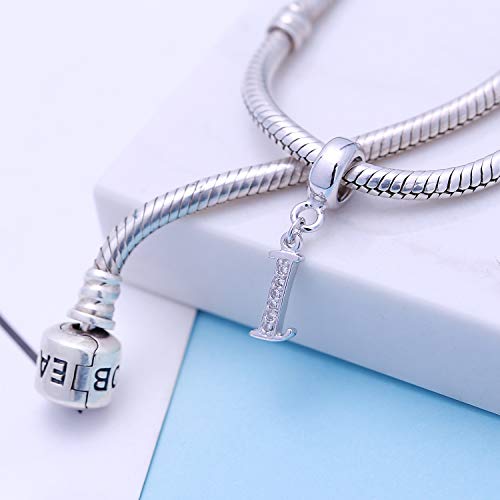 925 Sterling Silver Charms Alphabet Beads fit Pandora Charm Bracelets A-Z Letter Initial Spacer Dangle Clear CZ Stone Authentic for Snake Chain Bracelets - color: I