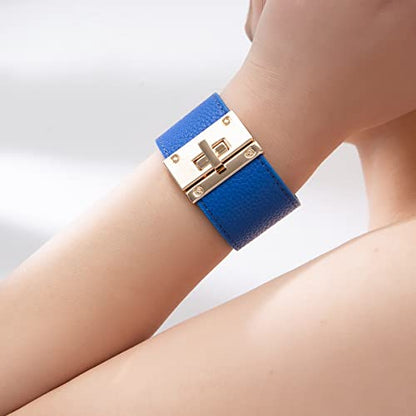 Rantanto Leather Wrap Bracelets For Women Gold Twist Lock Buckle Wrist Cuff | PU leather,Skin-friendly,Boho Stackable Wristband,Fashion Daily Jewelry,Trend Casual Party Bangle,Fit For Birthday, Holiday - color: Wide Royal Blue
