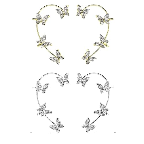 2 Pairs Dainty Silver Butterfly Ear Cuffs & Wraps for Women Non Piercing Bling Butterfly Tassel Style Zircon Earrings Ear Clips Bridal Wedding Jewelry - color: Gold+Silver