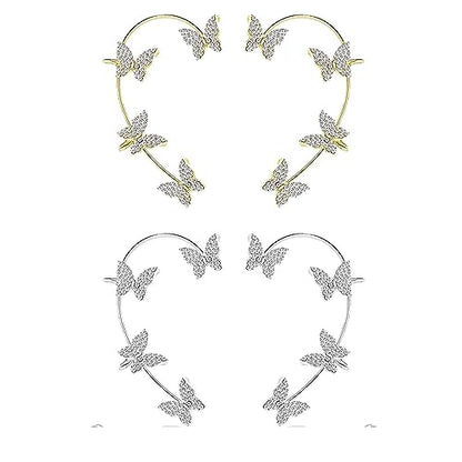 2 Pairs Dainty Silver Butterfly Ear Cuffs & Wraps for Women Non Piercing Bling Butterfly Tassel Style Zircon Earrings Ear Clips Bridal Wedding Jewelry - color: Gold+Silver