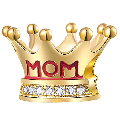 925 Sterling Silver Mothers Day Series Charms - Artist, Autism, Mother Daughter & Baby Foot Charms, Mom Crown & Nana Beads - Fits European Bracelet or Necklace - Gifts for Family, Lovers & Friends - color: Gold Mom Crown Charm