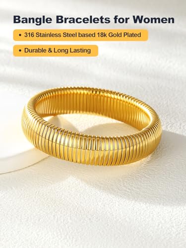 U7 Stretch Bracelets for Women Stainless Steel 18K Gold Plated Bangle Bracelets,Non Tarnish Link Bracelets,10mm,16mm,20mm - color: 01.Gold-16mm