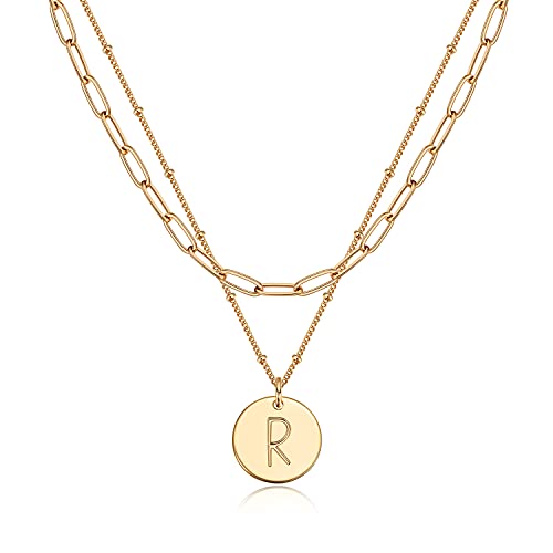 Valloey Rover Initial Necklaces for Women 14K Gold Plated Dainty Letter Necklce Round Coin Disc Pendant Double Side Engraved A-Z Necklace Personalized Jewelry Gift for Women - color: Layer-R