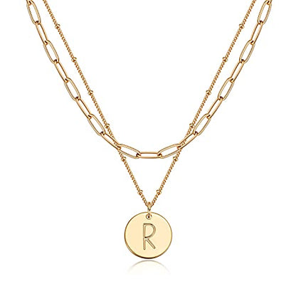 Valloey Rover Initial Necklaces for Women 14K Gold Plated Dainty Letter Necklce Round Coin Disc Pendant Double Side Engraved A-Z Necklace Personalized Jewelry Gift for Women - color: Layer-R