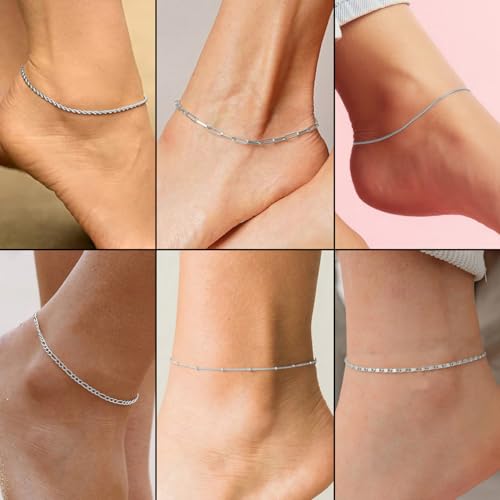 VAMA FASHIONS 8-Piece Adjustable Silver Anklet Set Snake Herringbone Rope Paperclip Figaro Satellite Box & Mirror Chain Anklets Foot Jewelry for womens