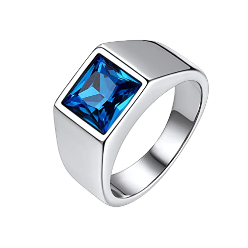 Bestyle Stainless Steel Men Signet Ring-Black/Blue Gemstone Band Ring-Classic Simple Thick Men Ring Size 7-14 - color: 02. 8MM Blue Zircon - Steel