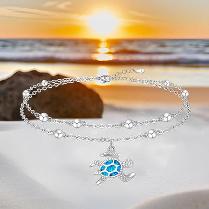 Sterling Silver Anklets for Women Sea Turtle Starfish Anklet Bracelet Ocean Beach Jewelry Opal Summer Foot Mothers Day Gift - style: Anklet-Turtle-A001