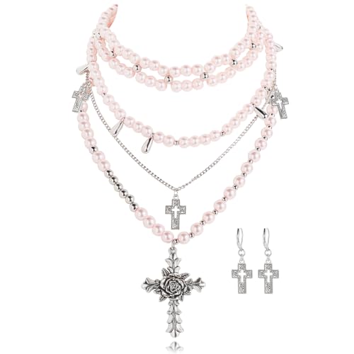 Bocar Gothic Cross Layered Pearl Necklace Chunky Statement Stacked Necklace Y2K Silver Layered Necklace for Women (NK-10769) - color: Pink