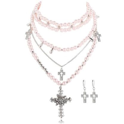 Bocar Gothic Cross Layered Pearl Necklace Chunky Statement Stacked Necklace Y2K Silver Layered Necklace for Women (NK-10769) - color: Pink