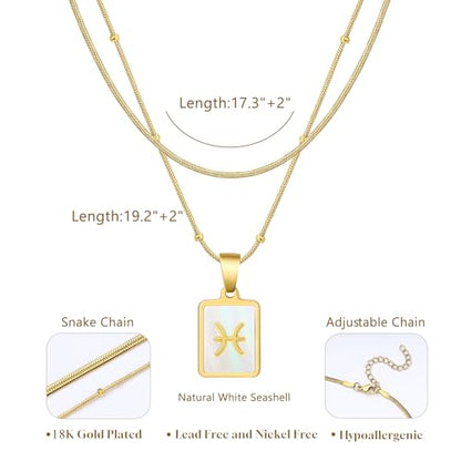 LETFLY Layered Zodiac Necklace for Women 18K Gold Natural Shell Pendant | Birthday Gifts for Women, Daily Wear, Hypoallergenic Material, Personalized Constellation Pendant, Adjustable, Snake Chain - style: Pisces