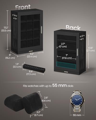 SONGMICS Watch Box 12 Slots with Glass Windows, 360° Rotating Vertical Watch Display Case, Jewelry Sunglasses Ring Storage, 10 Necklace Hooks, Removable Pillows, Velvet Lining, Ink Black UJWB028B01 - color: Ink Black, size: 12 Slot