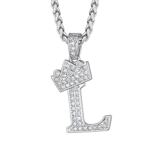Richsteel Silver Crown Initial A-Z Letter Pendant Necklace for Men Women | Cubic Zirconia Monogram, 316L Steel Chain, 22" + 2" Extender,Hypoallergenic,Gift Box, Hip Hop Jewelry - style: L