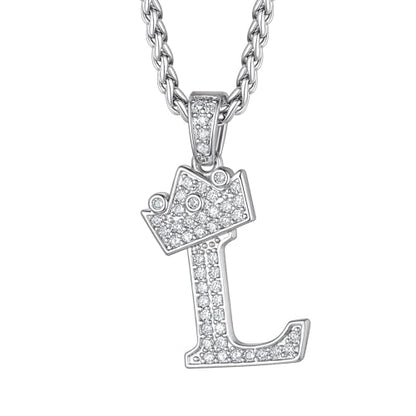 Richsteel Silver Crown Initial A-Z Letter Pendant Necklace for Men Women | Cubic Zirconia Monogram, 316L Steel Chain, 22" + 2" Extender,Hypoallergenic,Gift Box, Hip Hop Jewelry - style: L