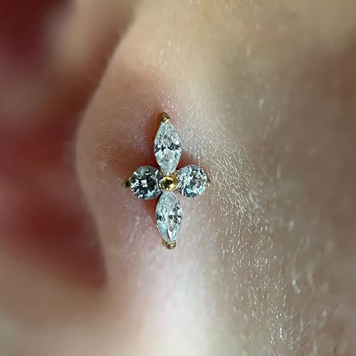 FINE4U 1PC ASTM F136 Titanium 16G Flatback Stud for Tragus, Helix, Conch 6mm 8mm - Screw on Cartilage Earring Piercing Jewelry - color: Four-Pointed Star C - Gold