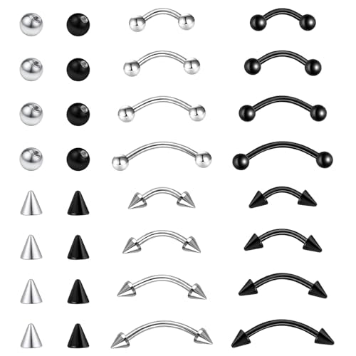 32 Pcs Eyebrow Piercing Jewelry Curved Barbell Piercing Rings Steel Vertical Labret Lip Jewelry Ear Helix Conch Daith Earrings Piercing Body Jewelry For Women Men 6mm/8mm/10mm/12mm