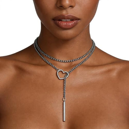 MIFYNN Slip Chain Necklace Stainless Steel Punk Rock Bar Pendant Choker Necklaces Adjustable Handmade Boho Long Lariat Necklace Statement Day Collar for Women - style: Long silver bar