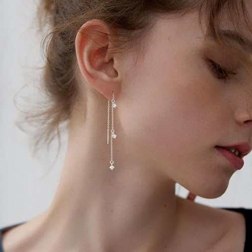 Chunky Hoop Huggie Dangle Tassel Pearl Bow Heart Charm Stud Cilp-on Earrings for Women, 14K Gold plated/Sterling Silver Plated CZ Large Jewelry Vintage Dainty Trendy Gift Daily Prom Party - style: 3CZ Tassel-SL