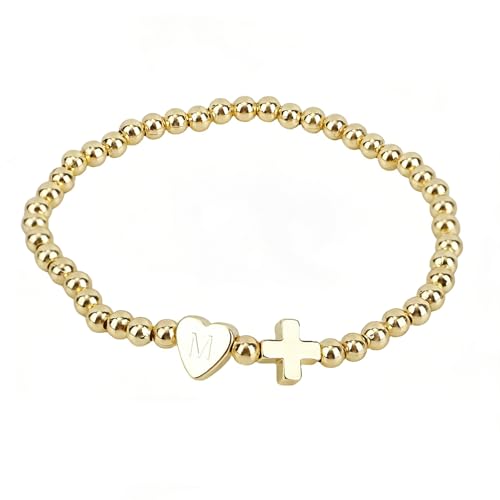 Mikovivi Women's Cross Bracelet with Initial Beads, Elastic Heart Alphabet Charm Stackable Beaded Bracelet Religious Christian Jewelry Gift - style: Letter M