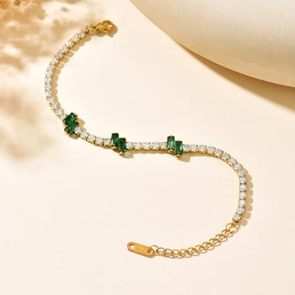 18K Gold Plated Cubic Zirconia Tennis Bracelet for Women Sparkling Stackable Stainless Steel Jewelry Hypoallergenic Tarnish Resistant Bridal Gift - color: Green Baguette CZ-Gold