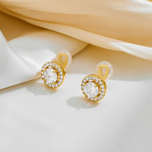 Clip On Earrings for Women Halo Clip-on Non-pierced Earrings Gold Plated Small CZ Studs Dainty Jewelry - color: Round