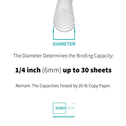 Binditek Plastic Spiral Binding Coils, 6 mm, 4:1 Pitch, White, 50 Pack | Coil Binding Spines, 1/4", 30 Sheet Capacity, 48 Loops, for Letter-Size Reports, Presentations, School and Office Projects - size: 6mm, style: 50P , White