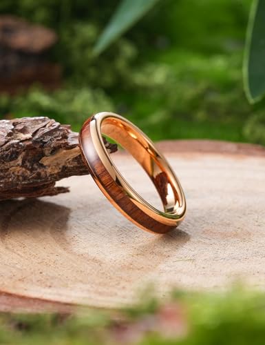 THREE KEYS JEWELRY Tungsten Wedding Band Koa wood Inlay Black Domed | 4mm, 6mm, 8mm, Everyday Wear, Black, Domed, Koa wood inlay - color: Rose Gold+Hawaiian Wood 4mm