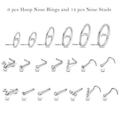 Surgical Steel Nose Ring 16G 18G L Shape Nose Studs Body Piercing for Women - color: A-Silver
