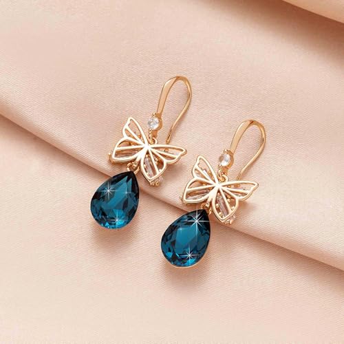 Austrian Crystal Teardrop Butterfly Drop Dangle Earrings for Women 14K Rose Gold Plated Hypoallergenic Jewelry - color: Dark Blue