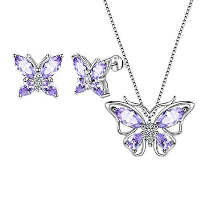 Aurora Tears Butterfly Jewelry,Women 925 Sterling Silver Butterflies Birthstone Pendant Necklace/Earrings/Rings Wedding Gift - color: F.June-set 1