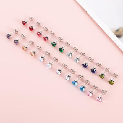 12 Pairs Surgical Stainless Steel Stud Earring Round Heart Star Square Cubic Zirconia Birthstone Stud Earrings Set for Women - color: Silver round 4mm