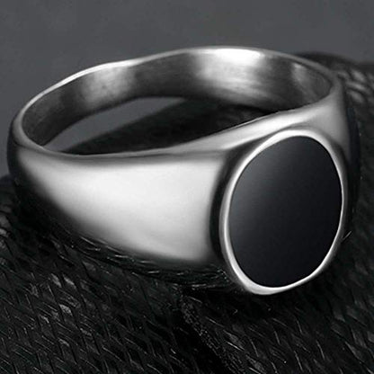 Stainless Steel Black Enamel Filled Oval Shape Signet Style Wedding Statement Promise Pinky Ring