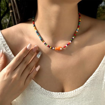 Seed Bead Choker Necklace for Women Bohemian Tiny Beads Choker Colorful Rice Bead Starfish Choker Summer Surfer Beach Necklace Jewelry Gift - color: A-Colorful Fish