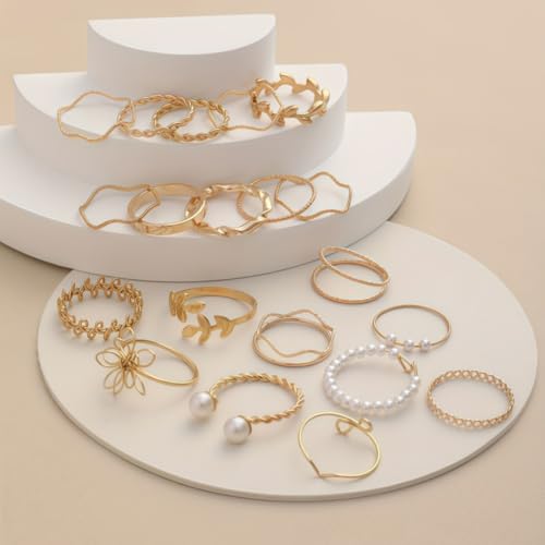 Chunky Gold Rings for Women Non Tarnish, Baroque Pearl Flower Tiger's Eye Stone Rings Adjustable Stacking Statement Rings Set Fashion Jewelry Gifts - style: Handmade/flower/small pearl