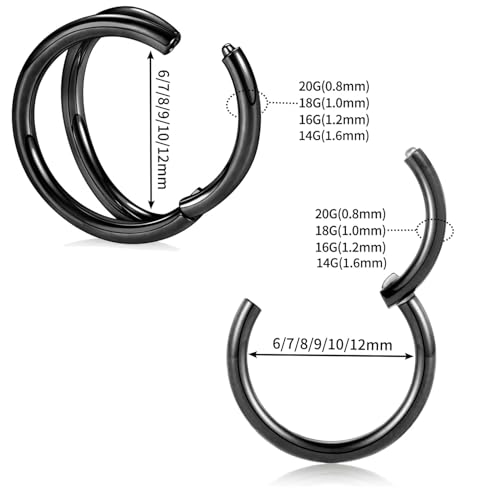 GAGABODY 2 Pcs Nose Rings 22G 20G 18G 16G 14G 12G 10G 8G Surgical Steel Piercing Rings for Nose Septum Cartilage Helix Tragus Conch Rook Daith Lobe from 5mm to 16mm Seamless Hoop Unisex Hinged Earrings - color: Black-Single&Double Hoop