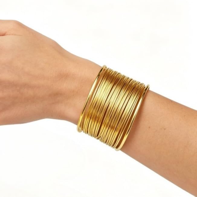 Gold Multi-Layer Wire Cuff Bracelet, Open Wide Bangle, Statement Geometric Wire Wrap, Bold Fashion Accessory for Women