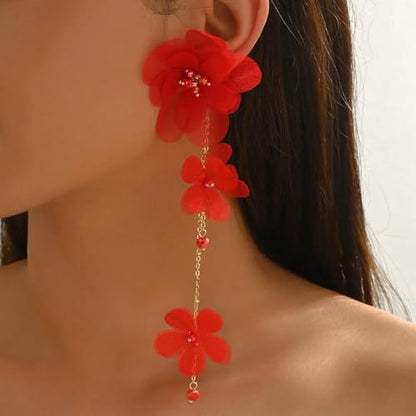 Flower Earrings for Women Long Fabric Flower Tassel Earrings Bohemian Handmade Floral Statement Earring Wedding Prom Jewelry Gifts - color: A5：red