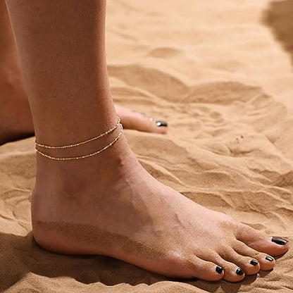 Dainty Simple Chain Anklet for Women 18k Gold/Silver Plated Summer Beach Beaded Evil Eye Moon Figaro Butterfly Satellite Cuban Pearl Flat Marina Anklet Gift - color: square dot-GD