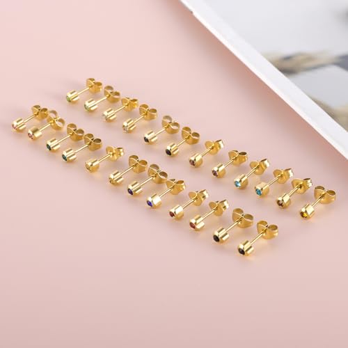 12 Pairs Surgical Stainless Steel Cubic Zirconia Birthstone Stud Earrings Heart Star Round Multicolors Stud Earrings Set for Women - style: Gold heart 4mm