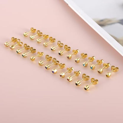 12 Pairs Surgical Stainless Steel Cubic Zirconia Birthstone Stud Earrings Heart Star Round Multicolors Stud Earrings Set for Women - style: Gold heart 4mm