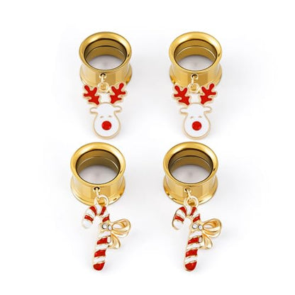 ERKUOO 4PCS Christmas Ear Tunnels Set Stainless Steel Double Flare Gold Tone Plug Gauges with Santa Snowman Reindeer Candy Cane Dangle Charms Holiday Stretching Jewelry Gift for Women Men 6mm-25mm - color: Reindeer & Candy Cane Set, size: 16mm