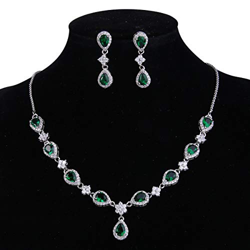 EleQueen Women's Silver-Tone Cubic Zirconia Teardrop Flower Bridal V-Necklace Sets Tennis Bracelet Dangle Earrings for Wedding Bridesmaids - color: Emerald Color